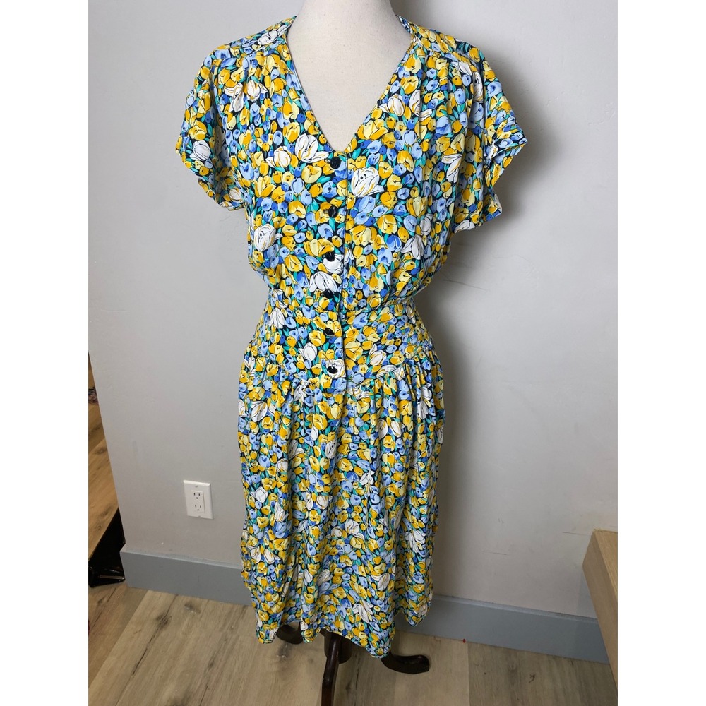 Vintage 80s 90s Floral Midi Dress Yellow Blue V-Neck Basque Waist Button Front
